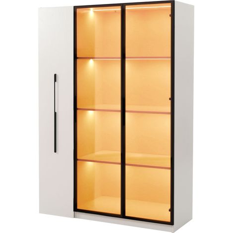 Vitrina alta de MDF blanco 110,5 x 35 x 160 cm con puertas de cristal, LED y compartimento lateral (1/5)