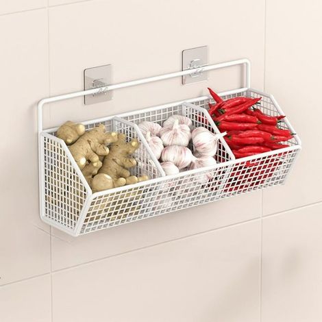 Zwiebel-, Ingwer- und Knoblauch-Organizer – weißer Gemüsekorb zur Wandmontage, Gewürzregal aus Eisen, 36 x 8,4 x 15,3 cm