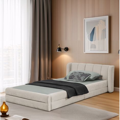 Lit simple enfant 90x200 cm beige avec tête de lit, tissu chenille, sans matelas MEUBLIV (1/5)