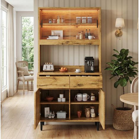 Aparador alto 100 x 40 x 185 cm con enchufe, USB-C/USB-A y LED, roble DESVIAE (1/5)