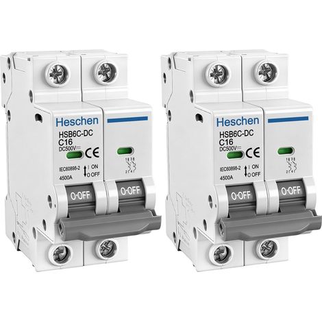 Lot de 2 disjoncteurs miniatures DC HSB6C-DC, 2 pôles, DC500V 16A, Disjoncteur de puissance photovoltaïque, pour système photovoltaïque solaire, panneaux solaires, système de treillis (16A) (1/5)