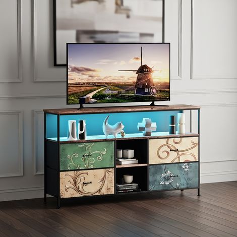 Commode 4 tiroirs en tissu, Éclairage LED Réglable, Meuble Buffet, Meuble Rangement Cadre en Métal, Support TV pour chambre, salon