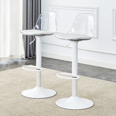 Lot de 2 tabourets de comptoir réglables : assise transparente + piètement blanc métallique, hauteur ajustable de 82 à 104 cm, pivotant à 360°.