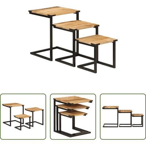vidaXL Tables basses gigognes 3 pcs bois massif de manguier et fer (1/5)