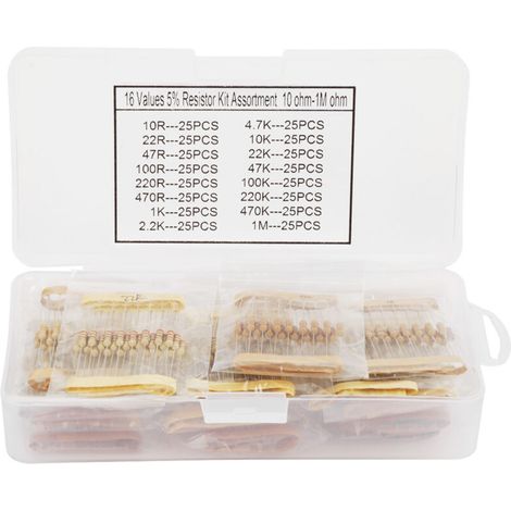 Kit de 400 résistances au carbone de 1/2 W (16 valeurs, de 10 ohms à 1 Mohm) (1/5)