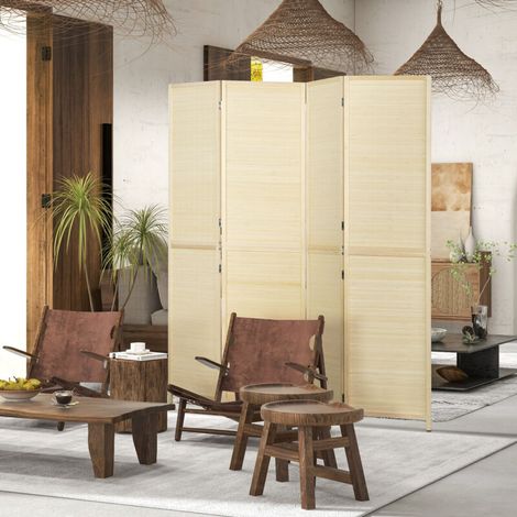 Cloison amovible Paravent en bois de bambou 4 panneaux 180 x 180 cm séparateur de pièce cloison de séparation pliable - naturel (1/5)