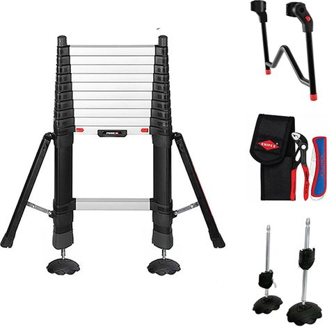 Echelle télescopique 4.10m stabilisateurs et 2 pieds et écarteur - Hauteur de travail max. 4.90m - Fourni avec pince et couteau - TEL72241ST/PPS-EKN (1/5)
