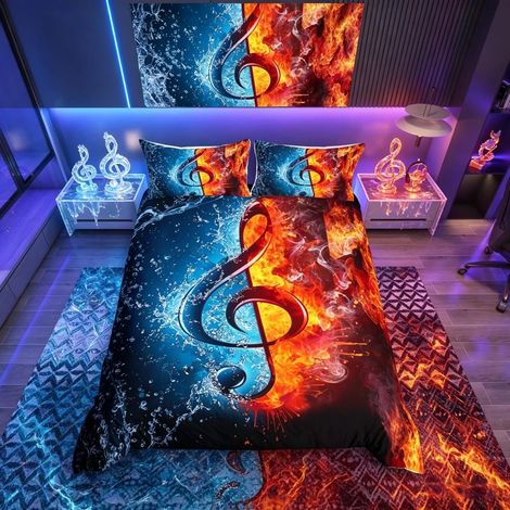 Parure de lit sur le thème de la musique avec motif de notes de musique et flamme aquatique, housse de couette pour lit très grand, avec motif musical de style hipster pour garçons, filles (1/5)