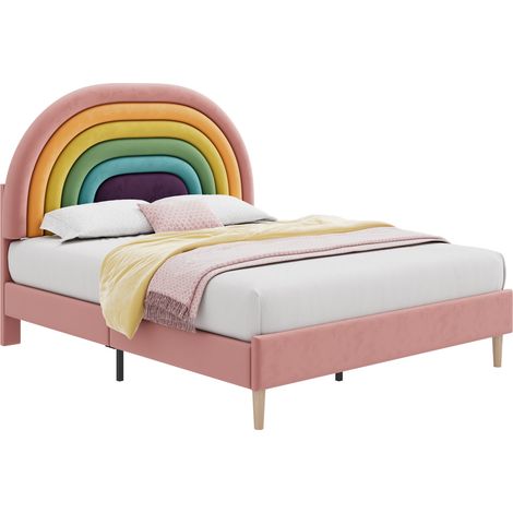 Lit rembourré 140x200 avec sommier à lattes, tête de lit réglable, velours rose, cadre stable, style moderne pour chambre adulte et ado- FLORAGRACE (1/5)