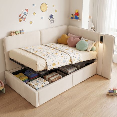 Lit de repos 90x200 cm， avec coffre de rangement hydraulique, lit rembourré, banquette-lit, avec port de charge USB et lampe de lecture, velours, beige (1/5)
