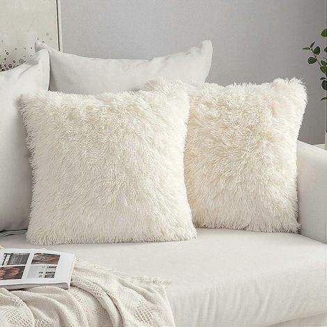 Lot de 2 housses de coussin décoratives en fausse fourrure douce, pour canapé et chambre, 40 x 40 cm, blanc crème (1/5)