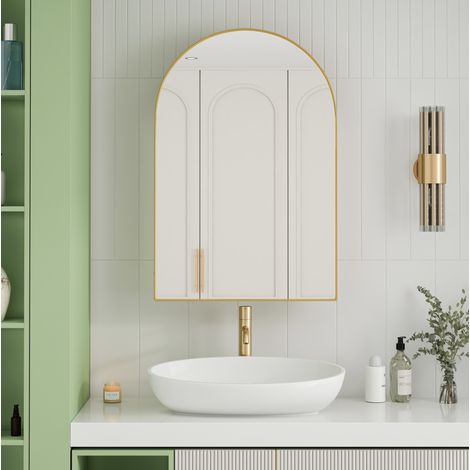 MODFU – Armario con espejo arqueado 101x72x18,5 cm de metal con 2 estantes de vidrio regulables, para empotrar o pared, vidrio templado – Dorado (1/5)