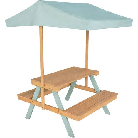 Children's picnic table, garden set in acacia wood 2-seater with parasol sage green - Jade