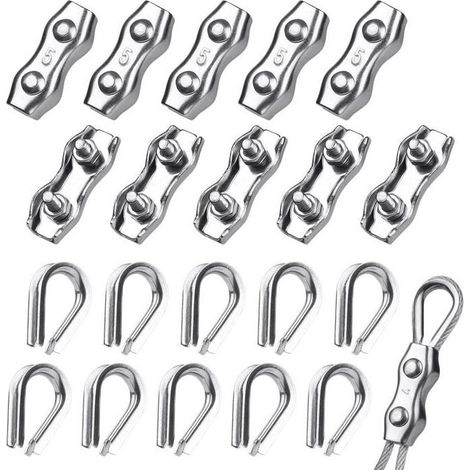 10 Pièces Serre Cable Acier 5mm + 10 Pièces Câbles Cosses, en Acier Inoxydable 304 Pour Cable Acier 3-4mm, Corde à Linge (1/5)