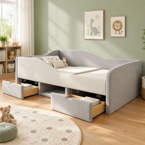 Kinderbett 90x190 grau aus Samt mit Stauraum (1/5)
