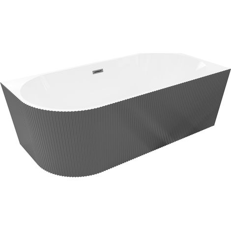 Mexen Silo vasca da bagno freestanding angolare destra scanalata 170 x 80 cm, bianca/grigia, troppopieno canna di fucile (1/5)
