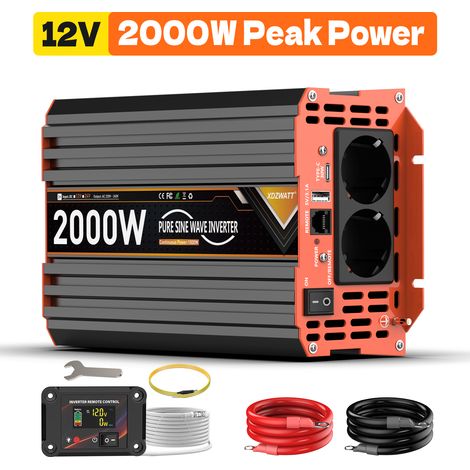 Convertisseur de tension 12V à 230V – Onde sinusoïdale pure 1000W continu 2000W crête – Protection surchauffe court-circuit (1/5)