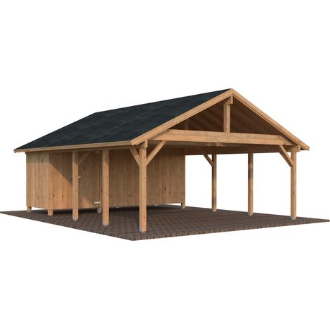 Garage en bois 40,6 m² avec abri rangement – Épicéa nordique – Poteaux lamellé-collé 120x120mm – Hauteur 363cm – Montage facile en kit – Palmako (1/5)