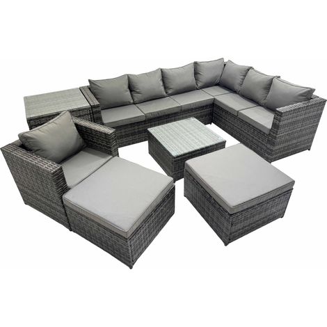 Fimous Outdoor PE Rattan Garden Furniture Sofa Set with Square Coffee Table Chair 2 Big Stools Side Table Dark Grey (1/5)