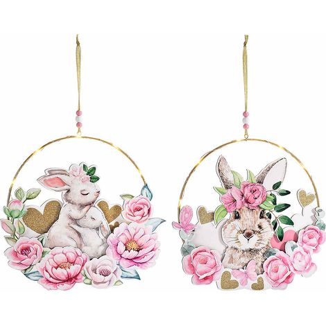Decorazioni in metallo da appendere con coniglietti pasquali e fiori in legno con luci, set da 2 pezzi, Ø 24 cm