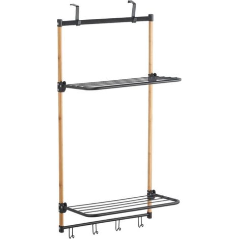 MSV – Étendoir à linge de porte ZOÉ 4,8m – 2 niveaux – Crochets pour serviettes – Design en bambou noir et beige – Dimensions 45x28x100cm