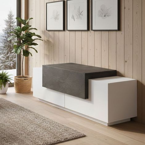 Dmora Eingangsmöbel mit 3 Türen, Made in Italy, Wohnzimmer-Sideboard, TV-Ständer, 120x45h46 cm, Farbe Weiß glänzend und Aschgrau (1/4)