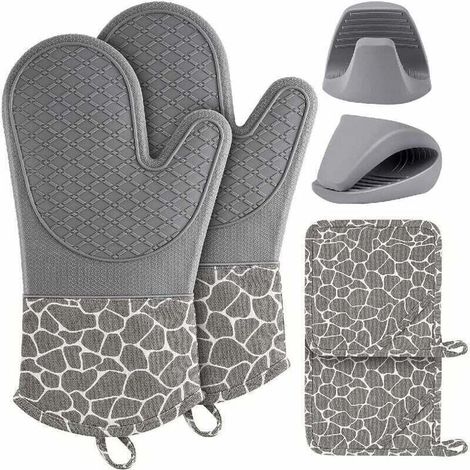 Guanti in silicone antiscivolo e resistenti al calore, 2 guanti da forno, 2 clip per le mani per cucinare, per forno, microonde, grill e cottura al forno (grigio)