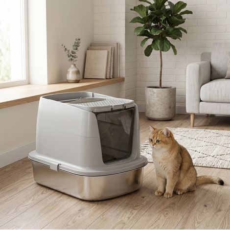 Toilette pour chat fermée 52,4x41,3x39,8 cm en acier inoxydable gris clair, modulable FloraGrace (1/5)