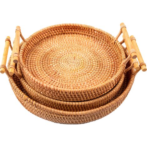 Rundes, handgeflochtenes Serviertablett aus Rattan, Brotkorb, Obstkorb, Dessertkorb und Snackkorb mit Griffen, 3-teiliges Set (1/5)