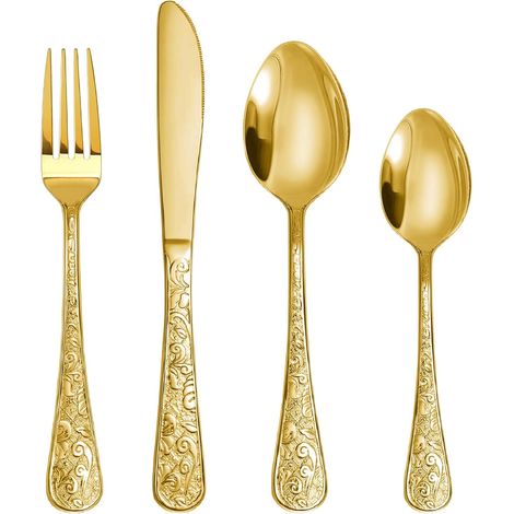 Ensemble de vaisselle 24 pièces en acier inoxydable plaqué or sculpté, idéal pour la maison et la cuisine, avec un style rétro, 4 en1 pour 6 personnes