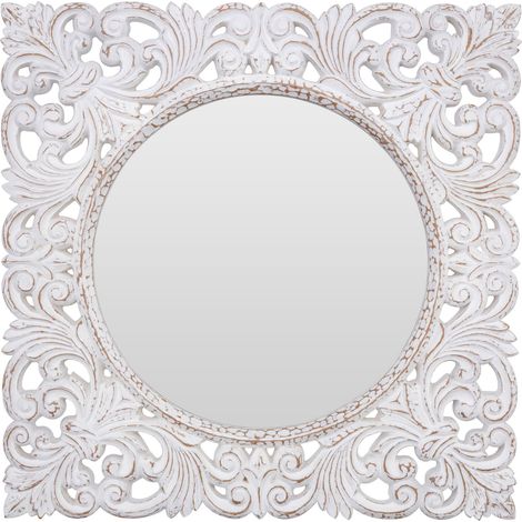 Premier Housewares Round Wall Mirror/ Classic Mirrors For Bathroom / Bedroom / Garden Walls Fancy Wall Mounted Mirrors For Hallway With Metallic White Carved Frame Finish W90 X D3 X H90cm. (1/3)