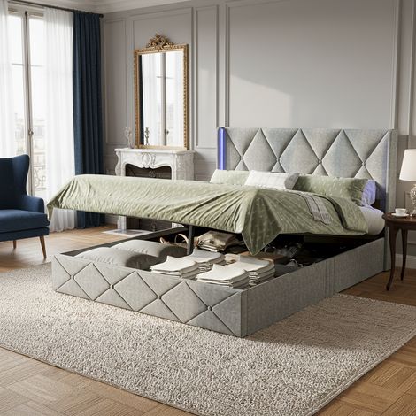 Lit coffre 160x200 cm, tête de lit rembourrée, Sommier à lattes en bois, bande lumineuse LED RGB, espace de rangement - beige (1/5)