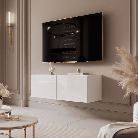 Meuble TV Mural ANGEL - avec LED - 100x40x36 cm - 2 portes - Blanc brillant (1/2)