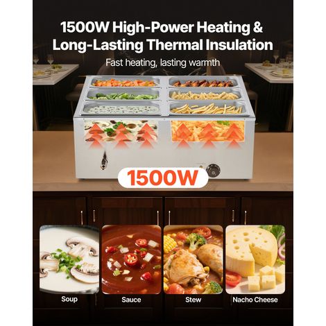Chauffe-Plat Électrique à Vapeur 1500 W, Buffet Chauffant en Inox, Bain-marie avec 6 Bacs de 1/3, Couvercle et Louches à Soupe et P… (1/5)