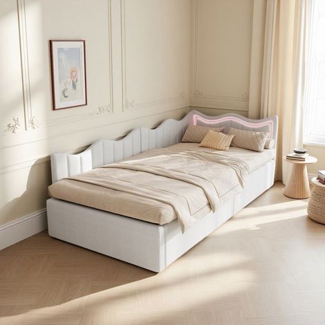 Lit gigogne - Sofá-cama 90x200 - LED regulable - Terciopelo Teddy blanco - Somier de lamas