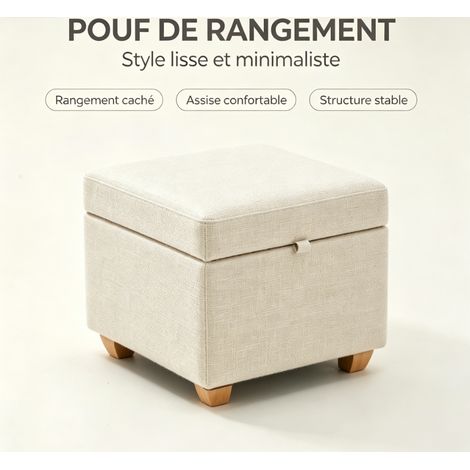 pouf de rangement carré tabouret assise en tissu lin pieds en bois massif multifonction banc à chaussures pour entrée salon chambre design capitonné (1/5)