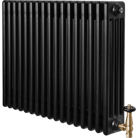 Radiateur Traditionnel à 4 Colonnes & Vannes 600 x 785 mm en Acier Carbone Noir Chauffage Central Horizontale Monté Sur Mur [Brosse de Nettoyage & Supports INCLUSES]