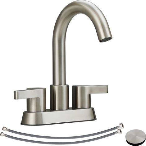Robinet de lavabo de 10 cm (4 po), robinet de meuble-lavabo à deux poignées en nickel brossé avec bonde escamotable. (1/5)