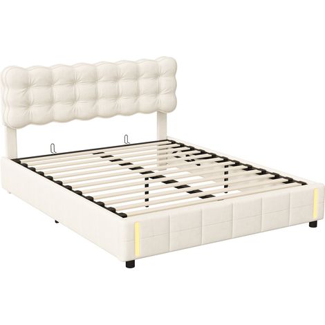 Sureh – Lit coffre 160x200 cm avec sommier à lattes en bois – Tête de lit capitonnée en velours beige – Mécanisme hydraulique avec éclairage LED