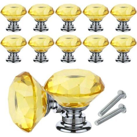 10Pcs Bouton de Meuble Cristal, Poignées de Bouton en Cristal de Diamant, 30mm Bouton de Porte Meuble Tiroir Placard avec Vis pour Accueil Bureau, Commode, Cuisine et plus (Jaune)