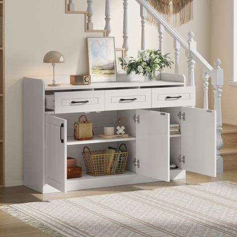 Buffet laqué blanc 120 x 35 x 80 cm, meuble de rangement avec 3 tiroirs, 3 portes, poignées noires et étagères réglables, meuble de salon, salle à manger ou entrée