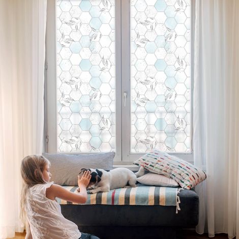 Sichtschutzfolie 100x100 cm Milchglas Blickdicht Folie für Schlafzimmer Dekorfolie PVC Dekorativ Selbstklebend Sichtschutz Fenster Blattkacheln