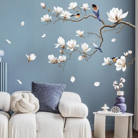 Pegatinas de pared de flores de magnolia blancas, pegatina de pared para salón y dormitorio (lado derecho)