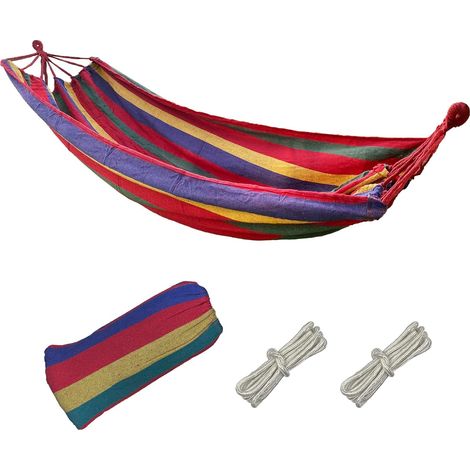 Filiyano-Hamac en toile, 190 x 80 cm, charge maximale 150 kg, hamac de voyage confortable à rayures rouges, idéal pour le camping, le balcon et les (1/5)
