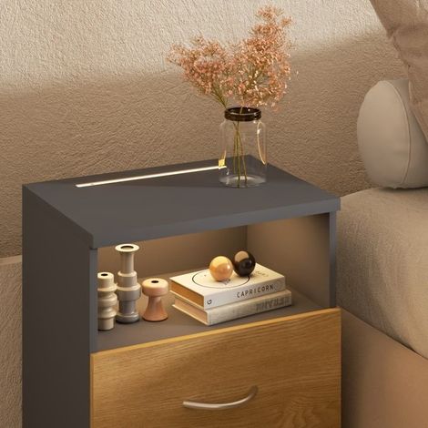 Table de chevet + LED gris/bois 54 x 40 x 28 cm 2 grands tiroirs (1/5)