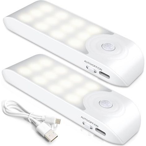Veilleuse LED rechargeable, lot de 2 lampes LED automatiques avec détecteur de mouvement, applique murale magnétique portable, idéale pour placard, chambre, couloir, armoire, escalier. (1/5)