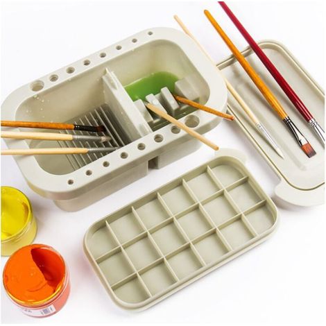 3 en 1 Bassin Brosse d'Artiste Multifonctionnel, Seau Pinceaux Avec 16 Trous, Pot Nettoyage Pinceau, Pour l'Huile d'Aquarelle d'Huile Peinture (A)