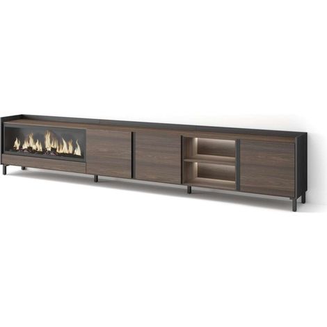 Mueble TV Carratraca-02 de 315x61x35 cm con chimenea y luces LED, diseño industrial, color roble oscuro y negro (1/4)