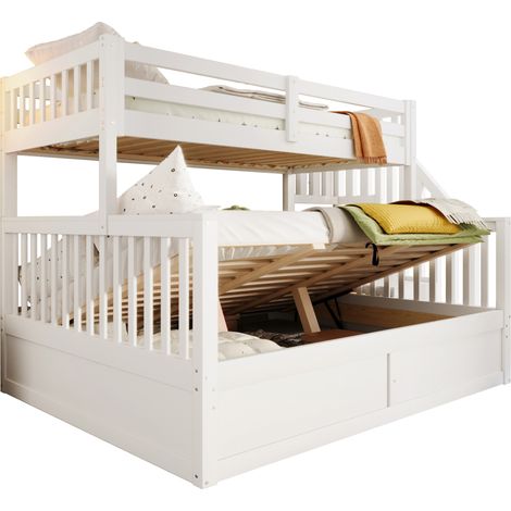 Litera doble infantil 90x200+140x200 cm con almacenamiento hidráulico, escalera con cajones, barandillas de seguridad y madera blanca, sin colchón  CHICFURN (1/5)