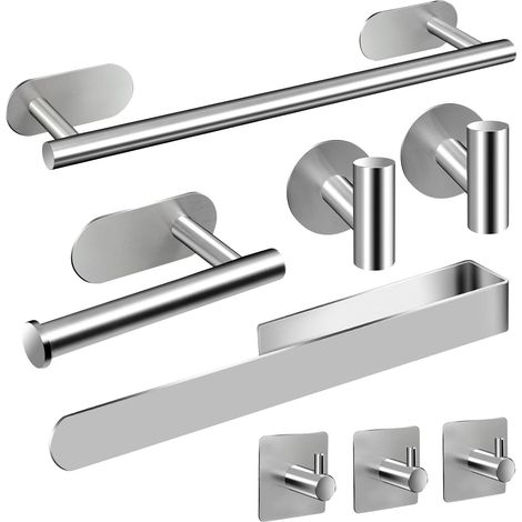 Toallero de 8 piezas, accesorios de baño de acero inoxidable 304, no requiere perforación ni pegamento, color plata. (1/5)